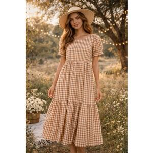 Hayden Dress Women M Brown Gingham Midi Dress Puff Sleeve Tiered Boho Cottage